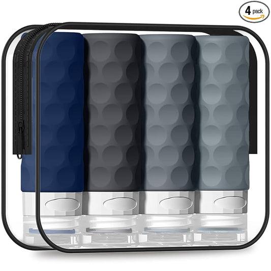 Silevoler Travel Bottles for Toiletries, 4pcs Tsa Approved 3oz Travel Size Containers, BPA Free Leak Proof Premium Silicone Bottles, Refillable Liquid Squeezable Accessories W/Toiletry Bag (Navy Blue)