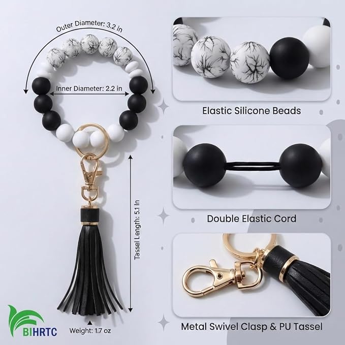 BIHRTC Key Ring Bracelet Car Keychain Holder Wristlet Silicone Women Beaded Bangle Chains