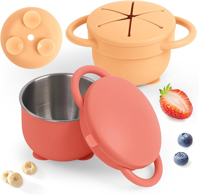 Daximo 2 Pack Toddler Snack Cups with Suction Base — 4-in-1 Detachable Stainless Steel Cups, Snack Cups for Toddlers Spill Proof with Silicone Lids & Handles for Mess-Free Snacking