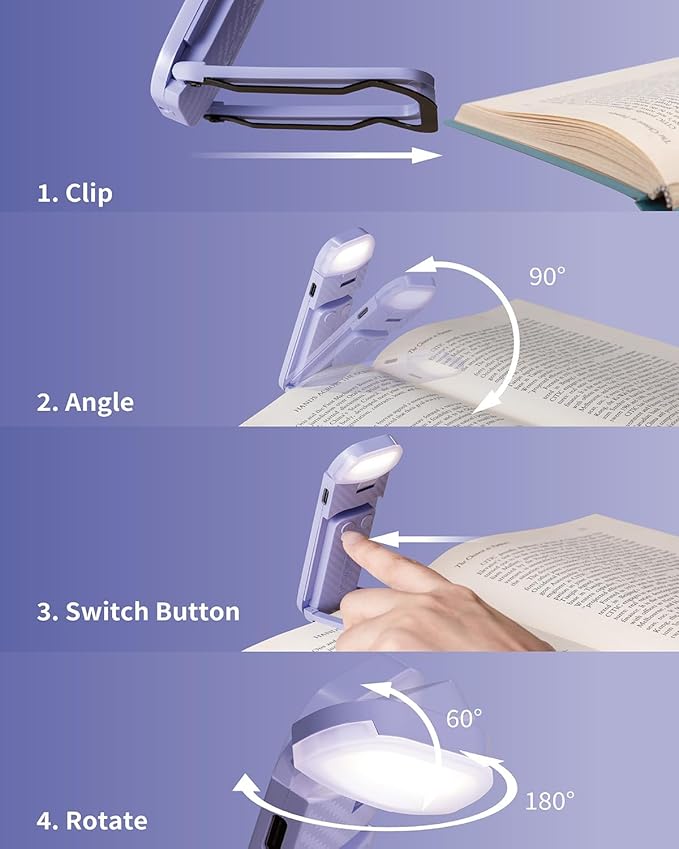 HEMONNKAM Book Reading Light, 2 Pack Rechargeable Clip on Booklight, Eye Caring 3 Color Temperatures & 5 Brightness Levels, Night Use for Bed, Long Lasting, Reading at Night in Bed, Purple+Pink