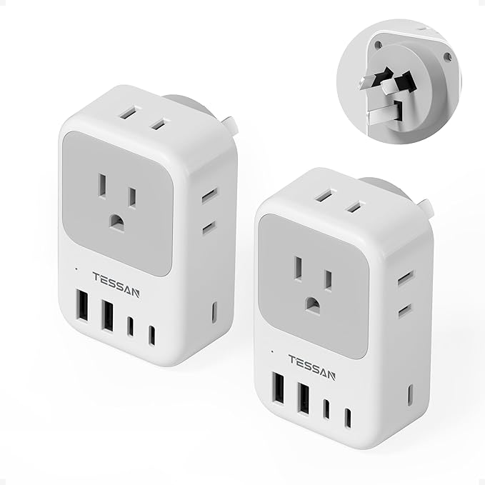 TESSAN Australia Plug Adapter 2 Pack, 28W New Zealand Power Adapter with 4 Outlets 5 USB Ports (3 USB-C), Type I Travel Adaptor for US to Australian Argentina China Fiji Samoa Tonga Kiribati