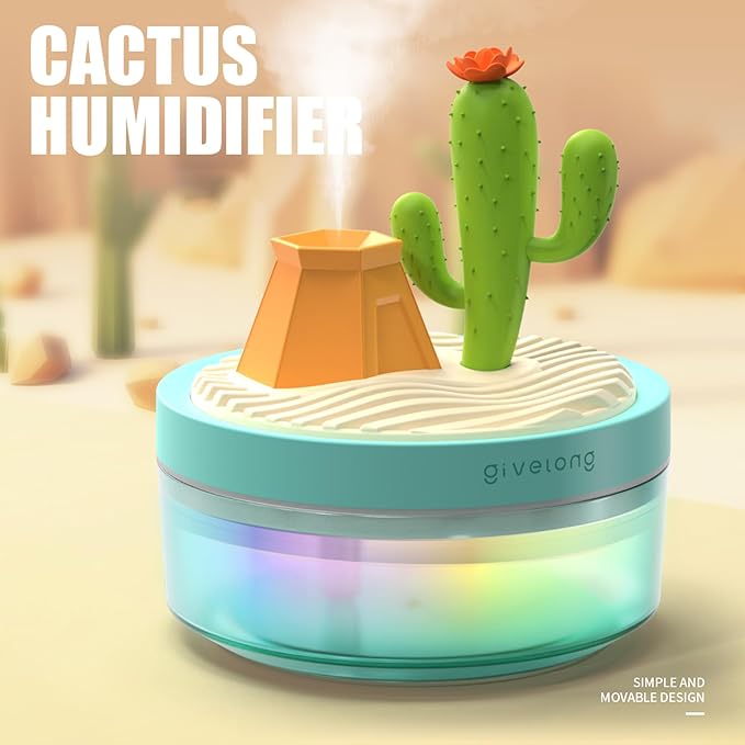 Mini Desk Humidifier with Cactus Landscape Decoration, Colorful Light, 320ml Capacity, Cool Mist, USB Powered. Perfect for Bedroom, Office & Car
