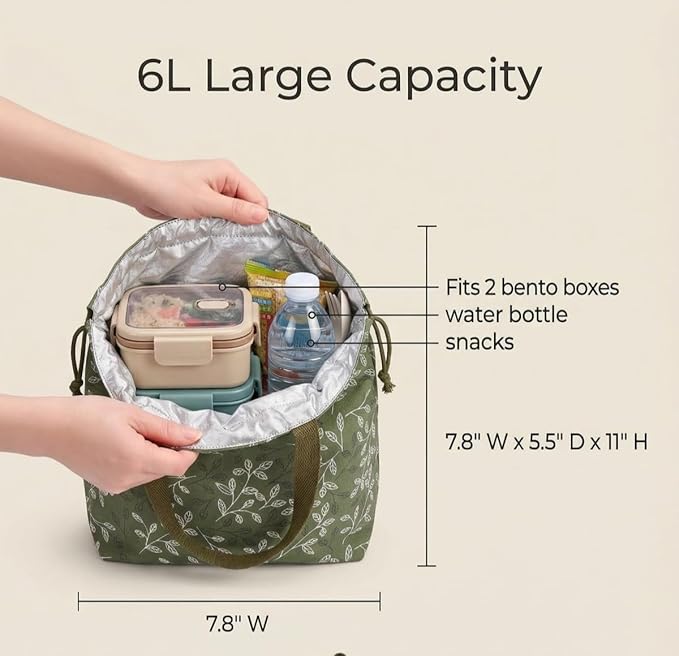 Reusable Small Lunch Bag,Drawstring Lunch Bag,Insulated Handbag Tote bag with Handle (New Leaf Green)