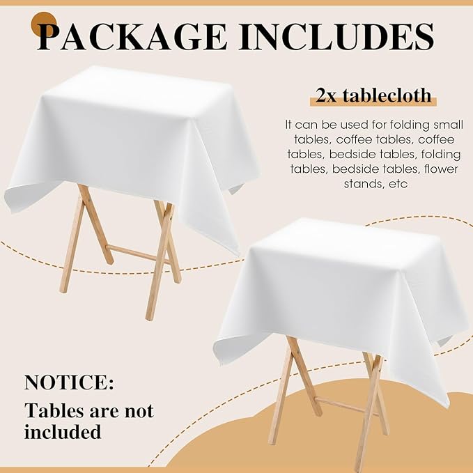 Oudain 2 Pcs 36 x 36 Inch Small Tablecloth Washable Fabric Folding TV Tray Table Cloth Polyester Solid Color Nightstand Cover for Bedside Table Side Outdoor Indoor(White, Classic Edge)