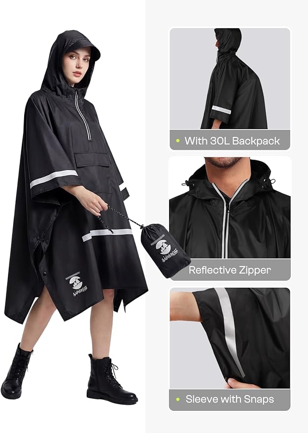 SaphiRose Hooded Rain Poncho Waterproof Raincoat Jacket for Men Women Adults