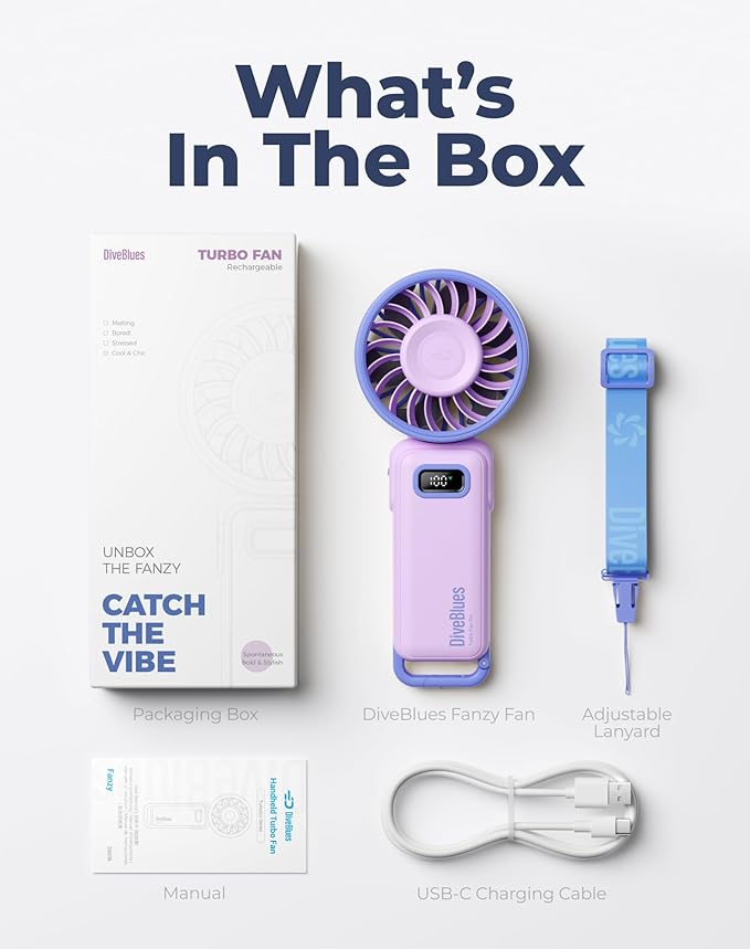 Diveblues Portable Turbo Fan, 7.4m/s High Speed Handheld Fan, 180° Foldable 4-in-1 Personal Neck Fan with Carabiner Clip, 100 Speed Stepless Control, USB-C Rechargeable for Travel, Makeup Hot Flashes