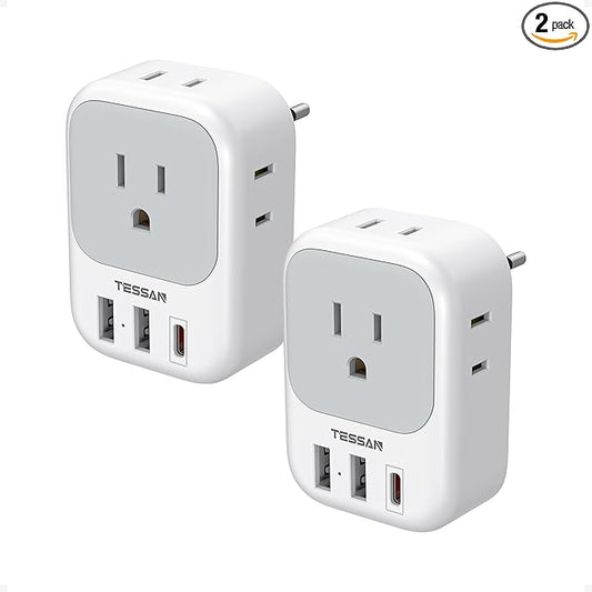 2 Pack European Travel Plug Adapter, TESSAN Europe Power Converter 4 Outlets 3 USB(1 USB C PD 20W), Type C International Adaptor to Italy Spain France Portugal Iceland Germany, EU Travel Essentials