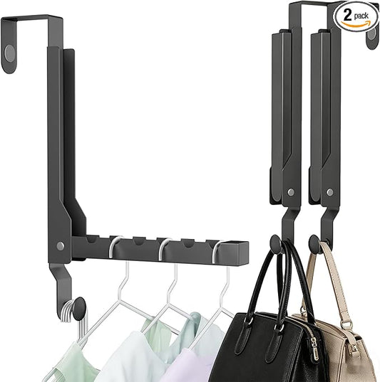 2 Pack Heavy Duty Over the Door Hooks, Compact Foldable Over the Door Hanger, Portable Compact Over Door Drying Rack for Laundry, Metal Over the Door Clothes Hanger, Rustproof & Waterproof, (Black)
