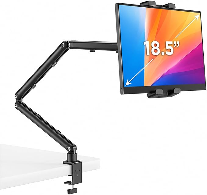 Portable Monitor Stand 15.6", Heavy Duty Tablet Arm Mount with Desk Clamp, Sag-Free Adjustable iPad Holder for Bed, 360° Foldable Arm Fits 4.7"-18.5" iPad Pro/Air/Mini, 2.2lbs Capacity, Matte Black