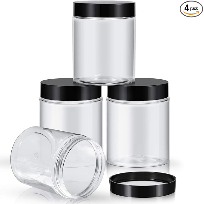 Patelai 4 Pieces Round Wide-mouth Leak Proof Plastic Container Jars with Lids for Travel Storage Makeup Beauty Products Face Creams Oils Salves Ointments DIY Making(10 Ounce,Black)