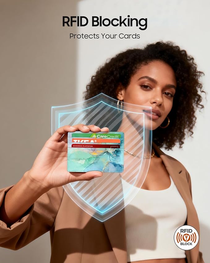 FINTIE Slim Minimalist Front Pocket Wallet, RFID Blocking Credit Card Holder Card Cases with ID Window for Men Women, emerald marble