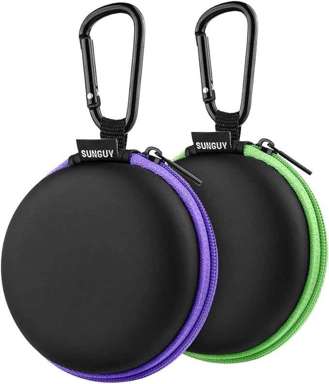 SUNGUY [2-Pack Earbuds Cases, Small Round Pocket Earbud Travel Carrying Case Pouch with Carabiners for Earbuds, Headsets, in-Ear Headphones, Hearing Aids, USB Cable and More (Green + Purple)
