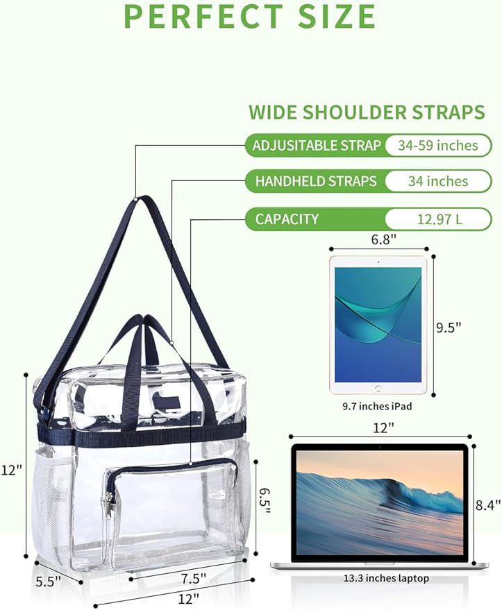 Bagenius Clear Tote Bag Stadium Approved, Game Day Satchel Bag with ‌Non-detachable Reinforced Strap for Concert, Work, Sport