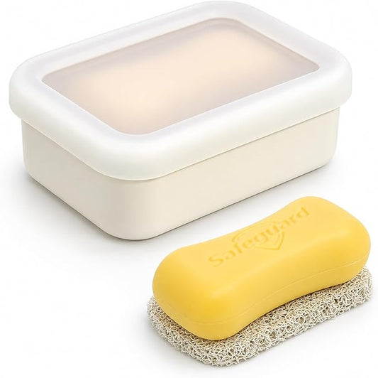 AIDIMMING Leak Proof Silicone Travel Soap Case with Clear Lid & Drain Pad, Compact Bar Soap Container, Portable Soap Holder for Standard Bar Soap & Handmade Soap, Travel Camping Gym (Clear&Offwhite)