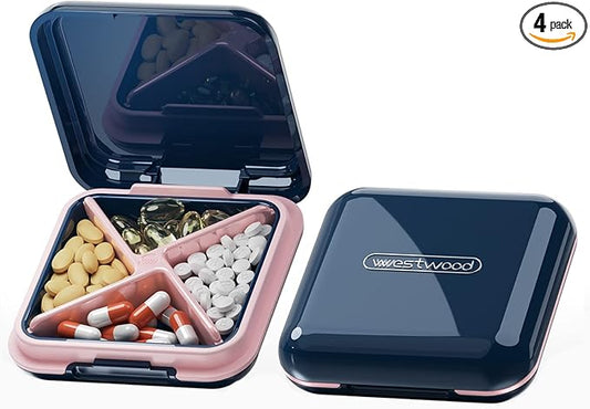 DUBSTAR Small Pill Box for Purse, Moisture Waterproof Travel Pill Case with 4 Compartments, Daily Pill Organizer for Vitamins & Medication (S-Blue)