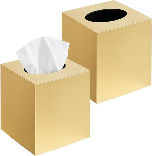 2 Pack Tissue Box Cover, Square Acrylic Tissue Holder, Decorative Facial Tissue Box Vessel Cube Paper Organizer Dispenser for Bathroom Office, Night Stand, Desk, Car, Vanity, Countertops, Gold