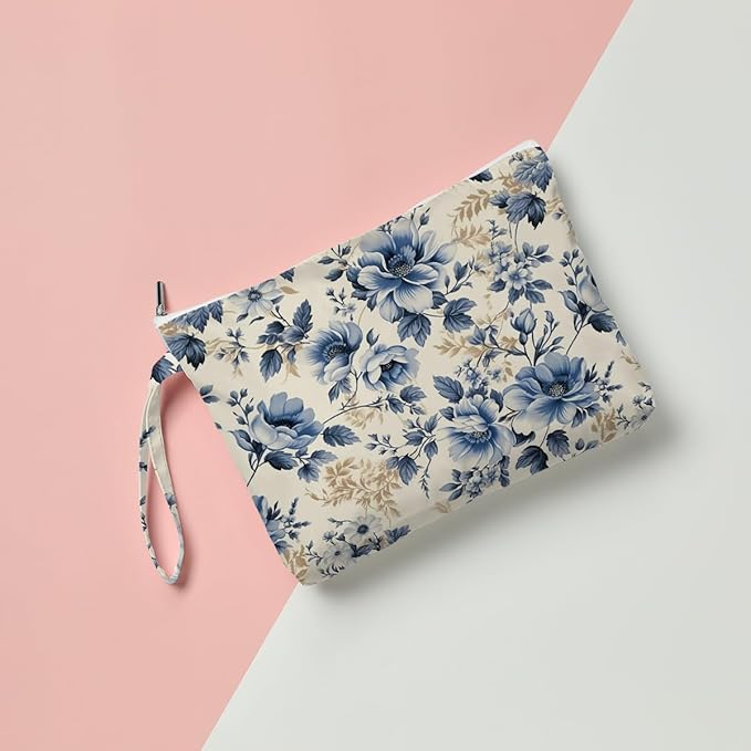 Fokongna Floral Print Wet Bag, Small Portable Waterproof Multi-Functional Organizer for Women, Ideal for Daily, Beach & Travel, Vintage Denim Blue Floral
