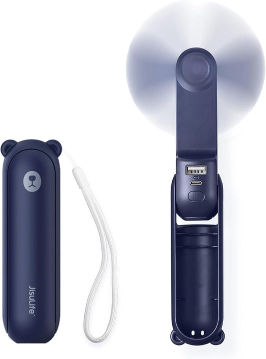 JISULIFE 3 IN 1 Handheld Mini Fan - Portable Fan & Power Bank & Flashlight, 19H Max Cooling, USB Rechargeable, Pocket-Sized for Travel, Cruise, Concerts, Makeup, 2026 Summer Gifts for Women(Blue)