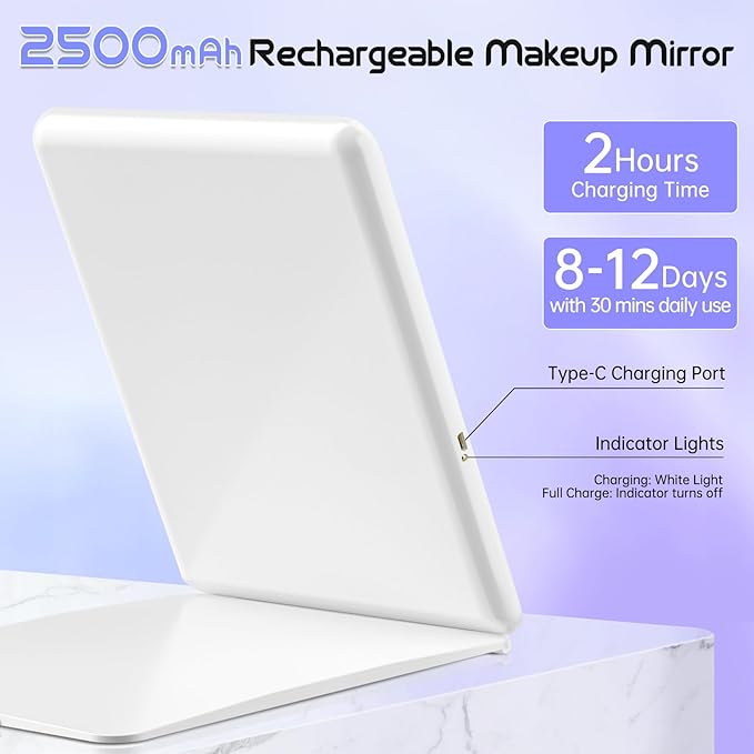 FUNTOUCH Large Rechargeable Travel Makeup Mirror with Light, 2500mAh Portable Makeup Mirror with 10X Magnifying Mirror 3 Lighting Modes, Dimmable Touch, Tabletop Folding Travel Mirror with Storage Bag