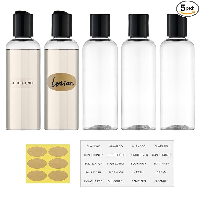 Travel Bottles for Toiletries 3.4 oz TSA Approved - 5 Pack Leak Proof Travel Size Containers, Clear Squeezable Plastic Bottles with Labels for Shampoo Lotion, Flight Cruise Gym Essentials