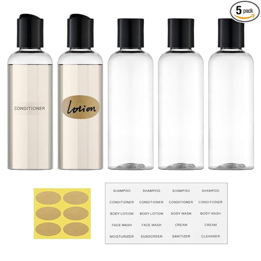 Travel Bottles for Toiletries 3.4 oz TSA Approved - 5 Pack Leak Proof Travel Size Containers, Clear Squeezable Plastic Bottles with Labels for Shampoo Lotion, Flight Cruise Gym Essentials
