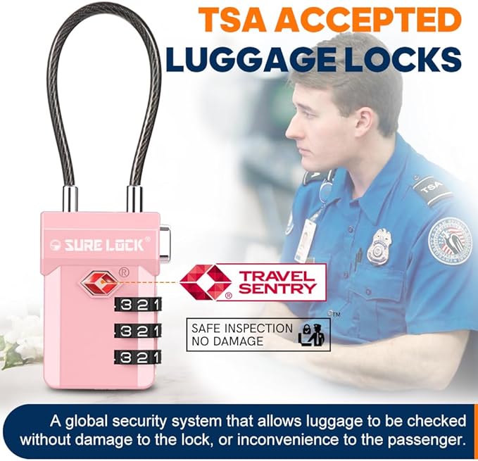 SURE LOCK TSA Approved Luggage Locks with Open Alert Indicator, 3 Digit Combination Cable Travel Lock for Suitcase, Backpack, Gym Locker, Toolbox, Carry On & Travel Bag