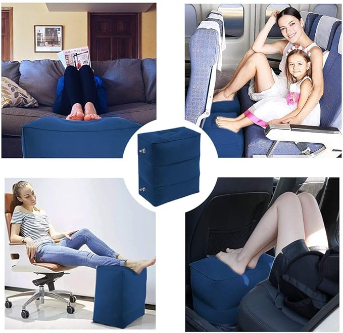 Travel Foot Rest Pillow, Portable Inflatable with Double Hand Pump Adjustable Three Layers Height Pillow for Foot Rest on Airplanes,Cars,Buses,Trains,Office Kids to Sleep on Long Flights (Blue 2)
