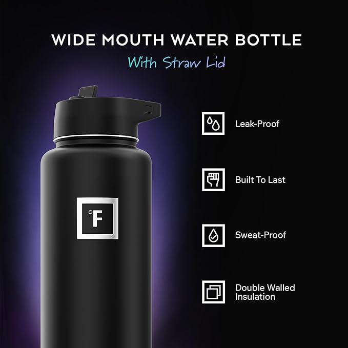 IRON °FLASK Camping & Hiking Hydration Flask with Straw, Wide Mouth Insulated Stainless Steel Sports Water Bottle - Desert Oasis 40 oz - Straw (1 Lid)