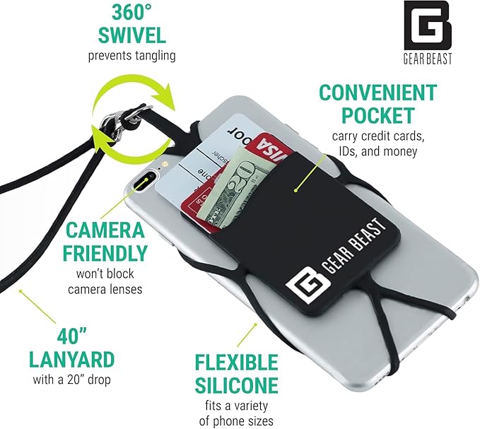 Gear Beast Cell Phone Lanyard - Universal Neck Phone Holder w/Card Pocket and Silicone Neck Strap