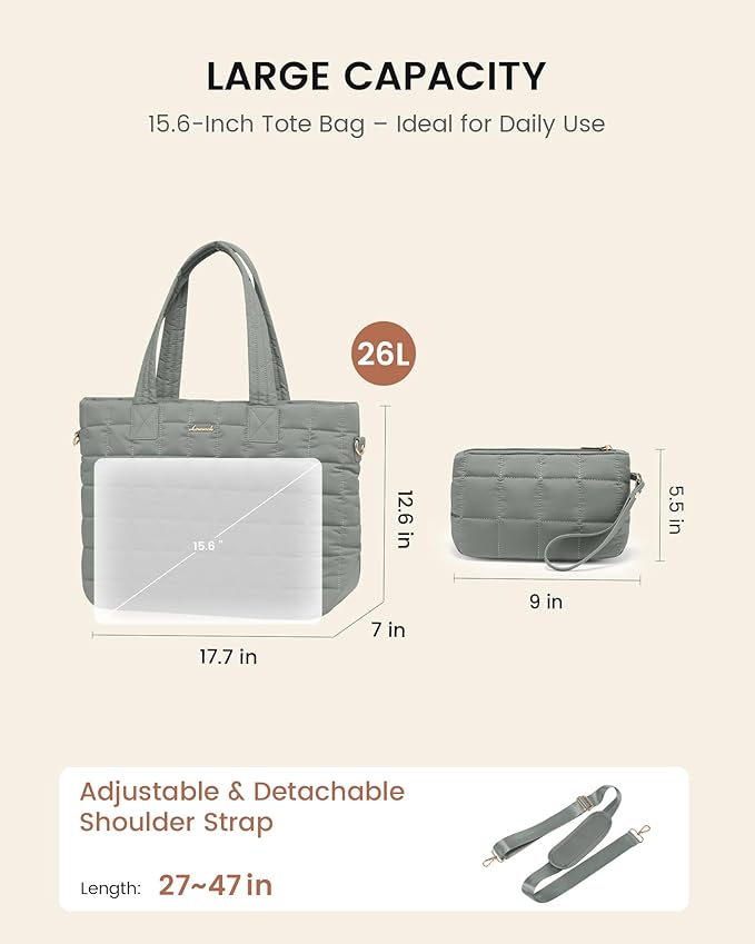 LOVEVOOK Laptop Tote Bag for Women, 15.6 Inch Large Puffer Work Computer Tote Bags for Teacher Nurse, Quilted Women's Purse Tote Shoulder Handbags with Zipper for Travel College Office Gym, Green