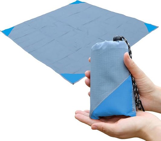 Orga'Neat Pocket Picnic Blanket, Beach Mat Waterproof Sandproof, Compact Lightweight Small Tarp for Camping, Hiking, Backpacking, Festival, Travel, Foldable in Bags (Grey/Blue, 55"x60")