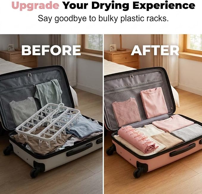 Foldable Travel Laundry Hanging Clip, 2026 New Lightweight Travel Hangers for Cruise and Hotel, Portable Folding Clothes Hanger with 6 Clips for Swimsuits Underwear Socks 3 Pack