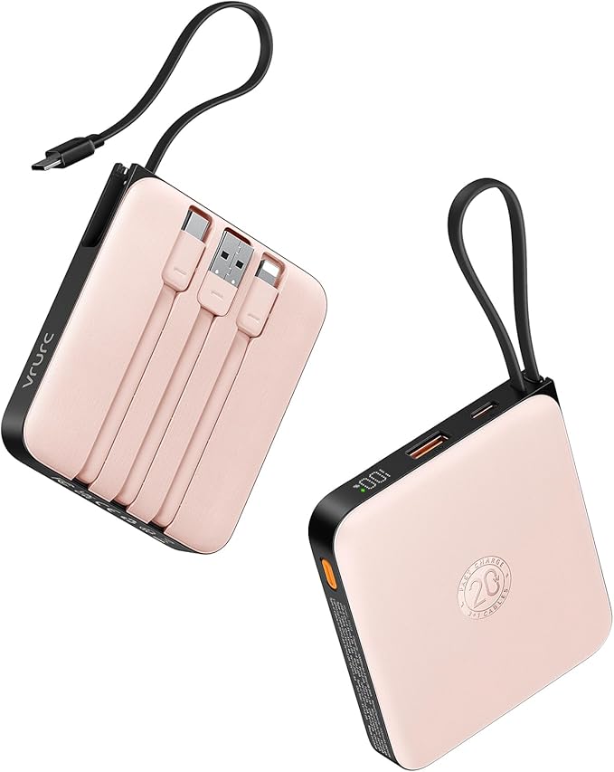 VRURC Portable Charger for iPhone Built-in Cables, 22.5W USB C Fast Charging 10000mAh Pocket Power Bank, Battery Pack for iPhone 17 16 & Samsung Galaxy S26 S25 etc Android, Pink(1 Pack)