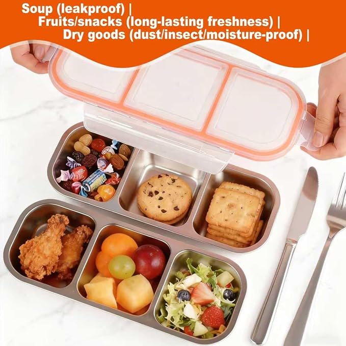 2 Pack 304 Stainless Steel Snack Containers - 3 Independent Sealed Compartments, Non-Toxic Leakproof Bento Box with Secure Lids. Snackle Box for Kids & Adults, Body Management & On-the-Go Snacking!