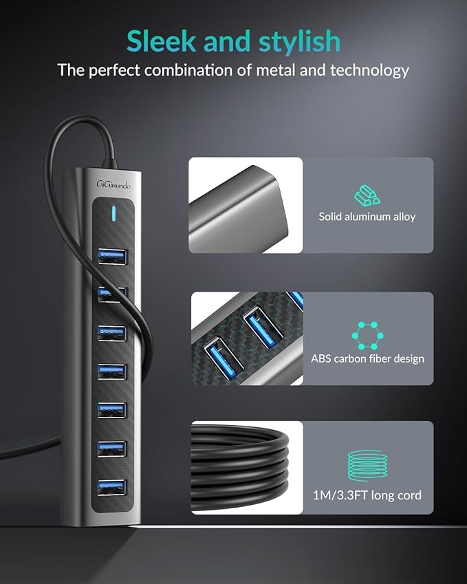 GiGimundo USB 3.0 Hub, 7-Port USB Extender Hub with 3.3FT Long Cable, USB Splitter, Aluminum High-Speed 5Gbps USB Hub for PC, Laptop, Desktop, Computer, PS5, XPS(Gray,1M)