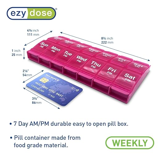 EZY DOSE Push Button (7-Day) Pill Case, Medicine Planner, Vitamin Organizer, 2 Times a Day, AM/PM Container, X-Large Compartments, Arthritis Friendly, Easy to Use, Transparent Lids, Pink, BPA Free