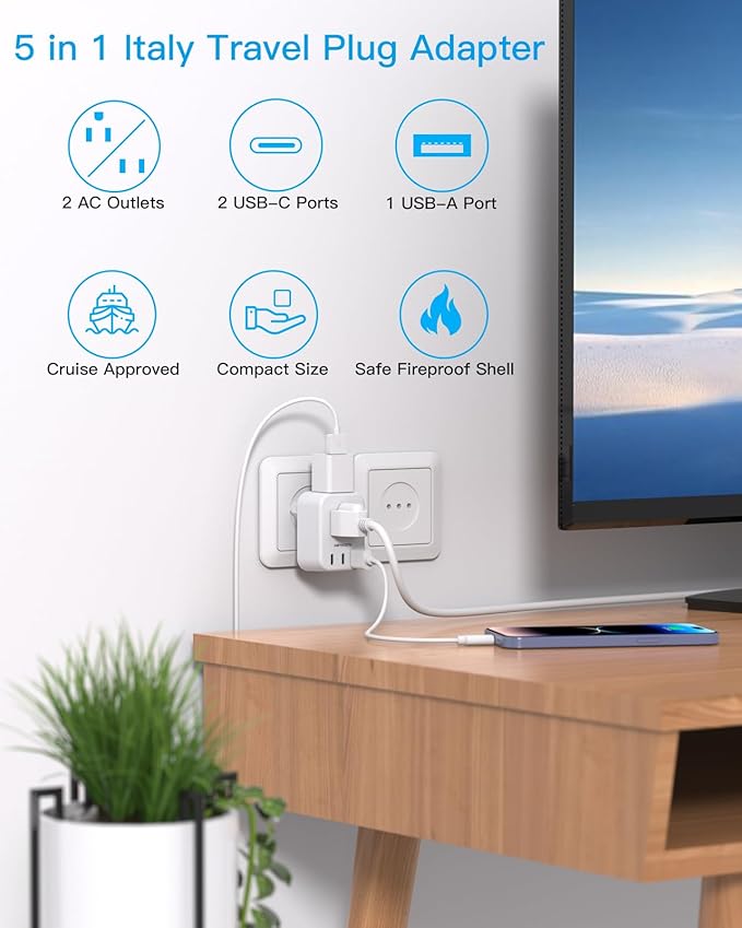 Italy Travel Plug Adapter, HANYCONY Type L Power Plug Adapter with 2 Outlets 3 USB Ports(2 USB C) for US USA to Italy Rome Uruguay Chile Travel Essentials