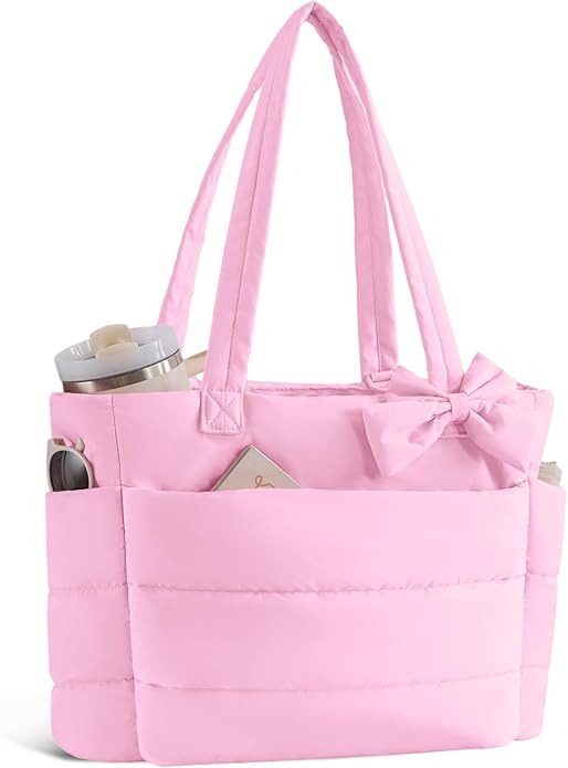 Puffer Tote Bag for Women, Quilted Bow Tote Bag with Cup Holder & 15.6 In Laptop Compartment for Work, Travel, Gym, College