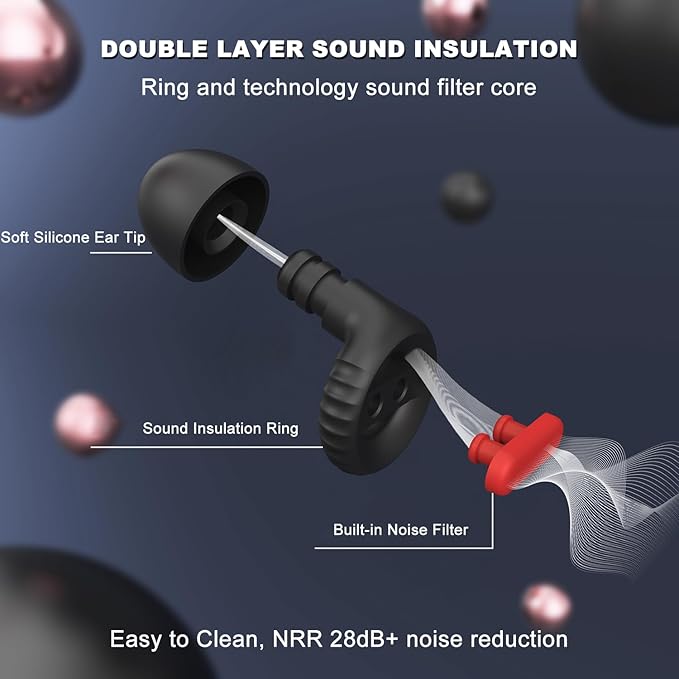 Ear Plugs for Noise Reduction – Reusable Silicone Earplugs with Filter Technology for Sleeping, Travel, Focus, Concerts & Motorcycling Ear Plug +8Tip (Black-Black)