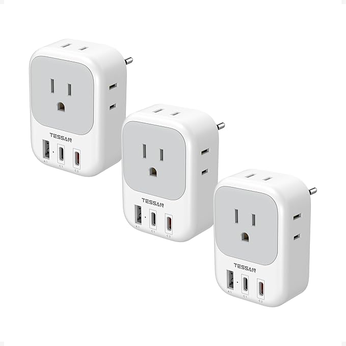TESSAN European Travel Plug Adapter 3 Pack, PD 20W Type C Power Adaptor with 4 AC Outlets 3 USB Ports (2 USB C), US to Europe Plug Adapter for USA to EU Italy Spain France Iceland Germany