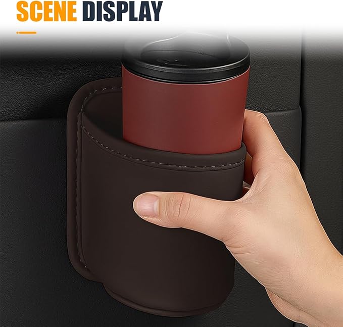 YoRise Leather Car Cup Holder, Scratch-Resistant Clip-On Auto Door Beverage Holders, Universal Hanging Vehicle Back Seat Drink Pocket Organizer for Soda Cans, Water Bottles, Coffee (Brown)
