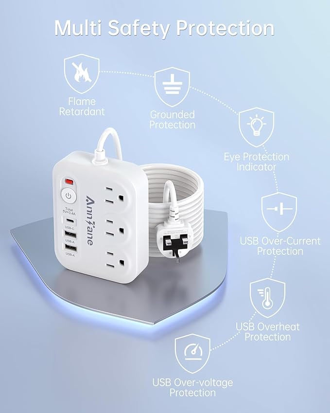 UK Travel Plug Adapter 13A Extension Cord, US to UK Type G C F International Power Adapter with 3 Outlets 3 USB Ports Travel Essentials Scotland London England British Irish Kenya Dubai Travel