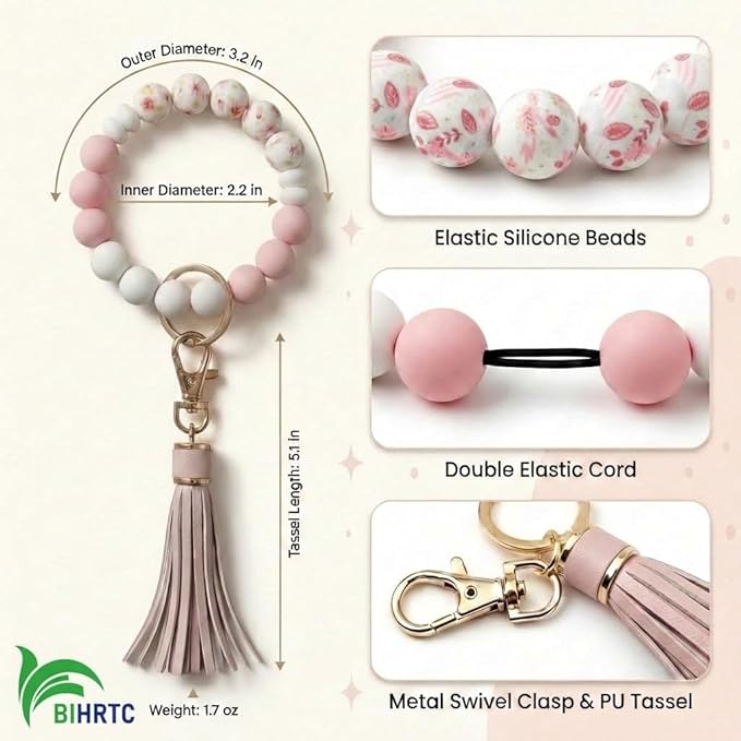 BIHRTC Key Ring Bracelet Car Keychain Holder Wristlet Silicone Women Beaded Bangle Chains