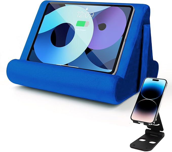 Universal Multi-Angle Tablet Holder - Soft Pad Stand with Net Pocket & Phone Stands for Lap, Knee, Sofa and Bed Phone Pad Stands(Blue)