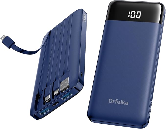 Orfeika Portable Phone Charger, 10000mAh Portable Charger 22.5W Fast Charging Power Bank with Built-in Cables, Travel Essential Battery Pack Compatible with iPhone, Samsung, Google, iPads, etc