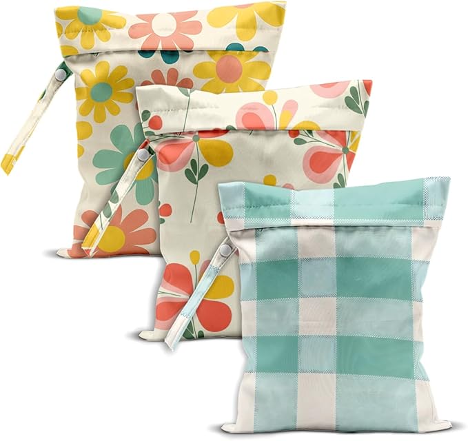 Floral Gingham Print Wet Dry Bag, Reusable Washable Waterproof Wet Bag for Swimsuit Diaper Dirty Clothes, Set of 3, Portable Storage Pouch for Travel Beach Pool Gym Camping, Cute Flower Lover Gifts