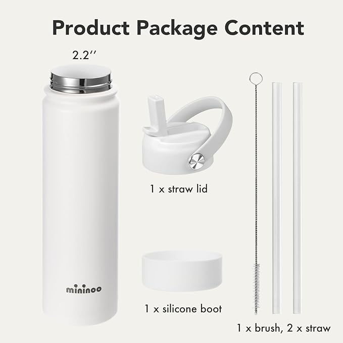 mininoo Insulated Stainless Steel Water Bottle with Straw, BPA-Free & Leak-Proof, 24 oz, White