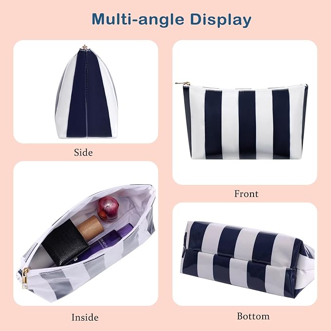 Large PVC Waterproof Striped Makeup Bag,Clear Coated Cosmetic Bags,Easy to Clean,Travel Organizer Zipper Pouch Beach Vacation Essentials for Women Girls(07Dark Blue)
