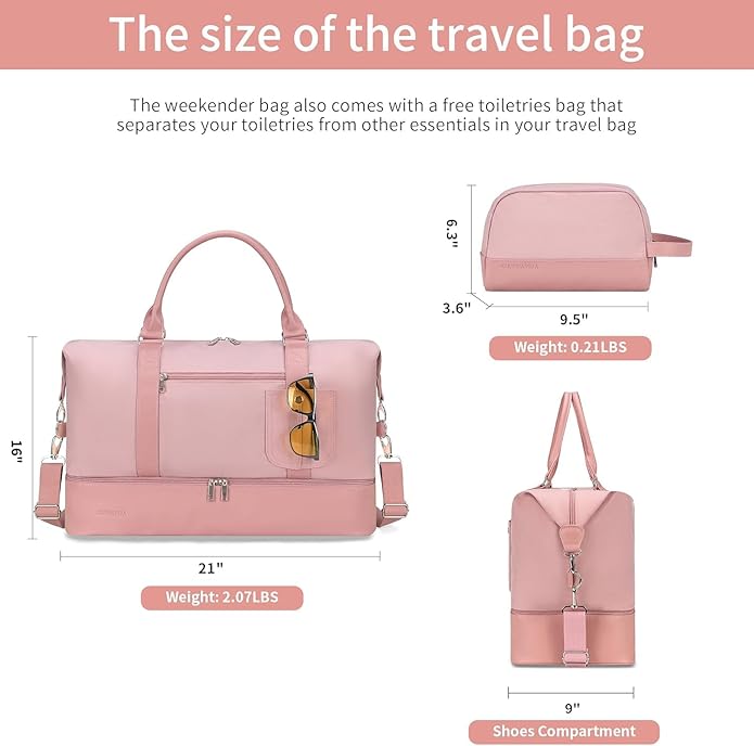 Women's Weekender bag Travel Duffel Bag with Shoe Compartment 21-inch Airline-Approved Carry-On, 2-Piece Overnight Bag Set Personal Item Luggage
