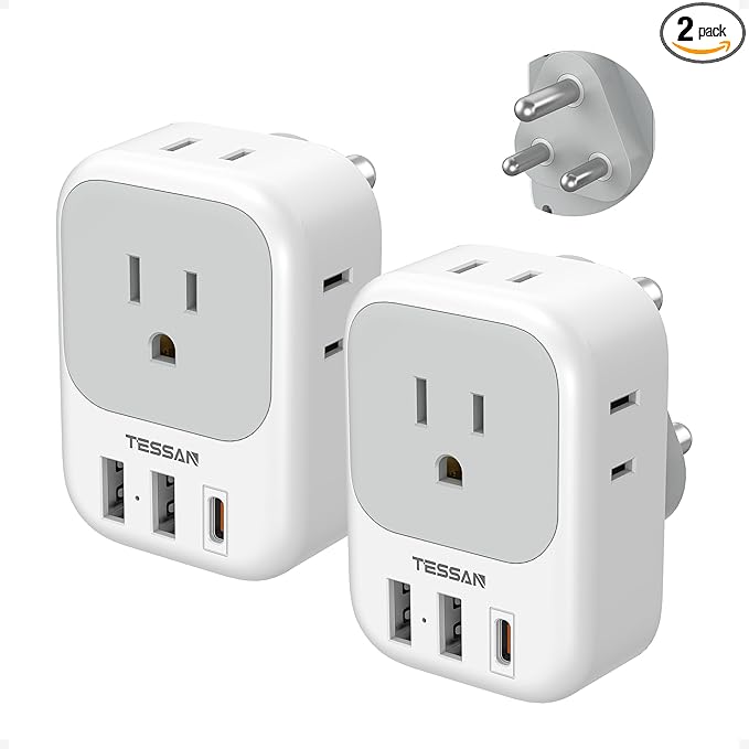 Type M Adapter for South Africa Plug 2 Pack, TESSAN South Africa Power Adapter with 4 AC Outlets 3 USB Ports(1 USB C PD 20W), Travel Adaptor US to Botswana Namibia Nepal Bhutan